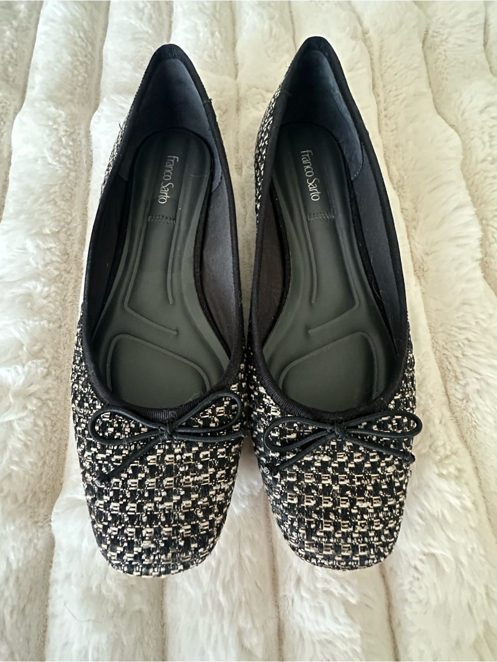 Franco Sarto Black and White Tweed Ballet Flats with Bow